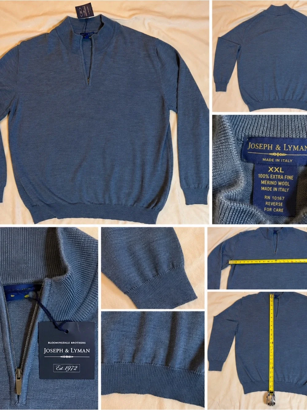 Joseph & Lyman Men’s XXL 100% Extra Fine Merino Wool Quarter Zip Sweater Italy N